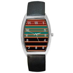 Black Stripes Orange Brown Teal Barrel Style Metal Watch by BrightVibesDesign