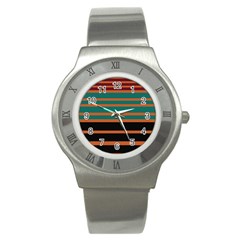 Black Stripes Orange Brown Teal Stainless Steel Watch