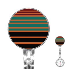 Black Stripes Orange Brown Teal Stainless Steel Nurses Watch by BrightVibesDesign