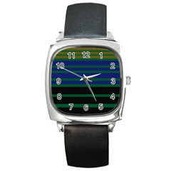 Black Stripes Green Olive Blue Square Metal Watch by BrightVibesDesign