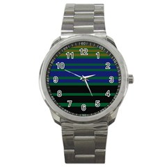 Black Stripes Green Olive Blue Sport Metal Watch by BrightVibesDesign