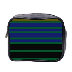 Black Stripes Green Olive Blue Mini Toiletries Bag (two Sides) by BrightVibesDesign