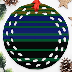 Black Stripes Green Olive Blue Round Filigree Ornament (two Sides) by BrightVibesDesign