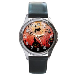 Funny Halloween Design, Cat, Pumpkin And Witch Round Metal Watch by FantasyWorld7