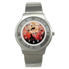 Funny Halloween Design, Cat, Pumpkin And Witch Stainless Steel Watch by FantasyWorld7