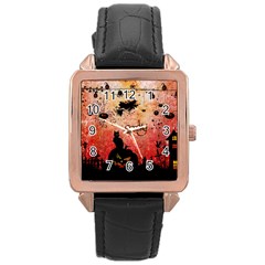 Funny Halloween Design, Cat, Pumpkin And Witch Rose Gold Leather Watch  by FantasyWorld7