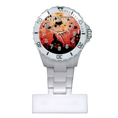 Funny Halloween Design, Cat, Pumpkin And Witch Plastic Nurses Watch by FantasyWorld7