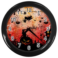 Funny Halloween Design, Cat, Pumpkin And Witch Wall Clock (black) by FantasyWorld7