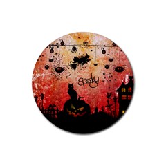 Funny Halloween Design, Cat, Pumpkin And Witch Rubber Coaster (round)  by FantasyWorld7