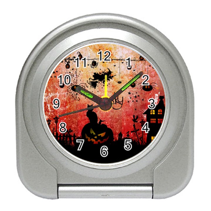 Funny Halloween Design, Cat, Pumpkin And Witch Travel Alarm Clock