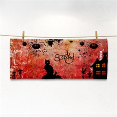 Funny Halloween Design, Cat, Pumpkin And Witch Hand Towel by FantasyWorld7