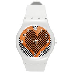 Heart Chess Board Checkerboard Round Plastic Sport Watch (m)