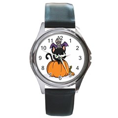 Halloween Cute Cat Round Metal Watch by HermanTelo