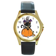 Halloween Cute Cat Round Gold Metal Watch by HermanTelo