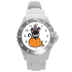 Halloween Cute Cat Round Plastic Sport Watch (l) by HermanTelo