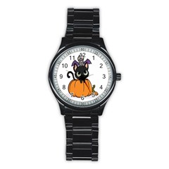 Halloween Cute Cat Stainless Steel Round Watch by HermanTelo