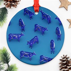 Cow Illustration Blue Round Ornament (two Sides)