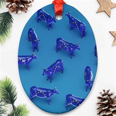 Cow Illustration Blue Oval Ornament (two Sides)