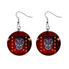 Awesome Sugar Skull With Hearts Mini Button Earrings by FantasyWorld7