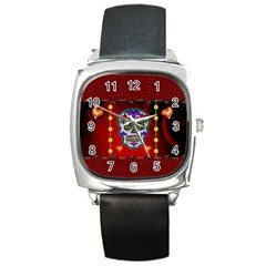 Awesome Sugar Skull With Hearts Square Metal Watch by FantasyWorld7