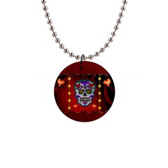 Awesome Sugar Skull With Hearts 1  Button Necklace by FantasyWorld7