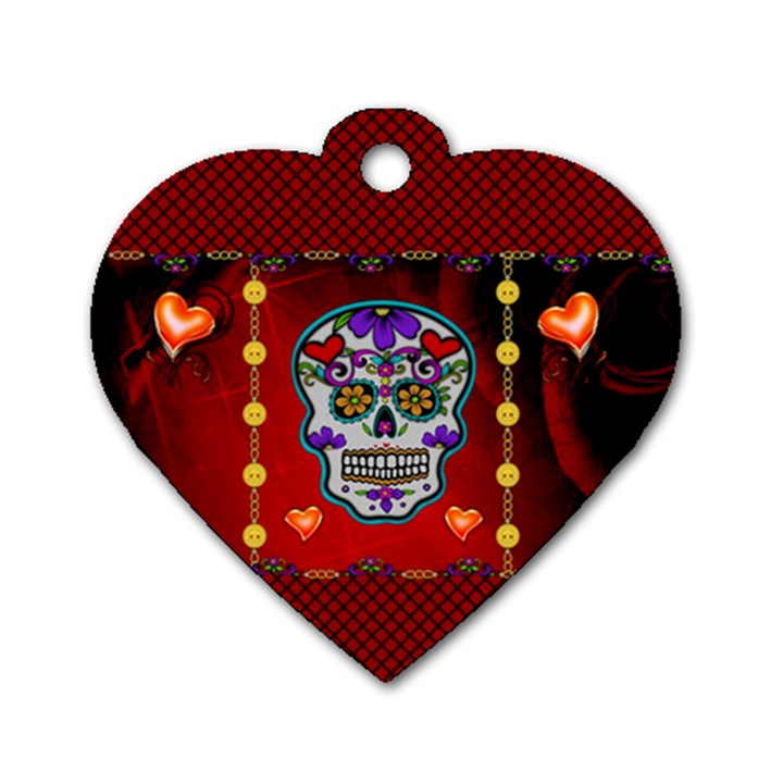 Awesome Sugar Skull With Hearts Dog Tag Heart (One Side)