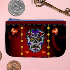 Awesome Sugar Skull With Hearts Large Coin Purse by FantasyWorld7