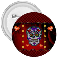 Awesome Sugar Skull With Hearts 3  Buttons by FantasyWorld7