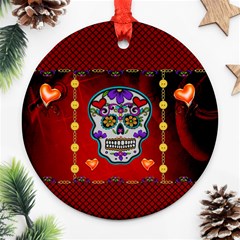 Awesome Sugar Skull With Hearts Ornament (round) by FantasyWorld7