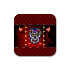 Awesome Sugar Skull With Hearts Rubber Coaster (square)  by FantasyWorld7