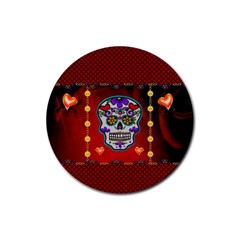 Awesome Sugar Skull With Hearts Rubber Coaster (round)  by FantasyWorld7