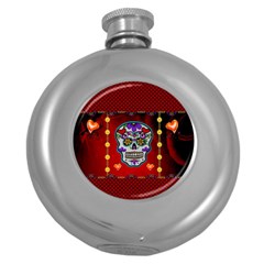 Awesome Sugar Skull With Hearts Round Hip Flask (5 Oz) by FantasyWorld7