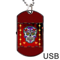 Awesome Sugar Skull With Hearts Dog Tag Usb Flash (one Side) by FantasyWorld7