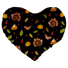 Thanksgiving Turkey Pattern Large 19  Premium Flano Heart Shape Cushions by Valentinaart