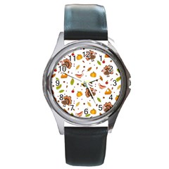 Thanksgiving Turkey Pattern Round Metal Watch by Valentinaart