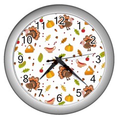 Thanksgiving Turkey Pattern Wall Clock (silver) by Valentinaart