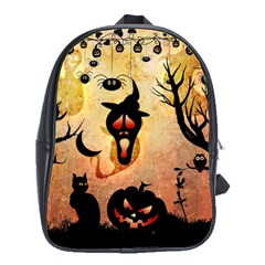 Funny Halloween Design, Pumpkin, Cat, Owl And Crow School Bag (large) by FantasyWorld7