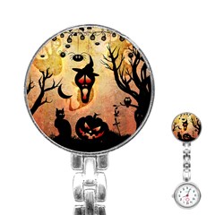 Funny Halloween Design, Pumpkin, Cat, Owl And Crow Stainless Steel Nurses Watch by FantasyWorld7