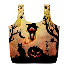 Funny Halloween Design, Pumpkin, Cat, Owl And Crow Full Print Recycle Bag (l) by FantasyWorld7