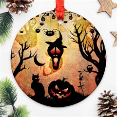 Funny Halloween Design, Pumpkin, Cat, Owl And Crow Ornament (round) by FantasyWorld7