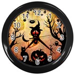 Funny Halloween Design, Pumpkin, Cat, Owl And Crow Wall Clock (Black) Front