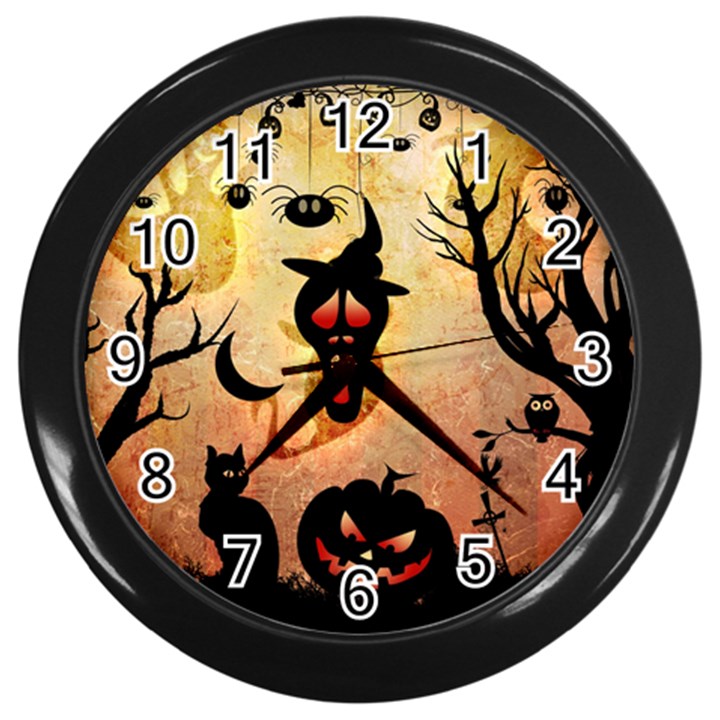 Funny Halloween Design, Pumpkin, Cat, Owl And Crow Wall Clock (Black)