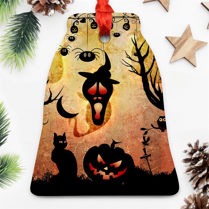 Funny Halloween Design, Pumpkin, Cat, Owl And Crow Bell Ornament (Two Sides)