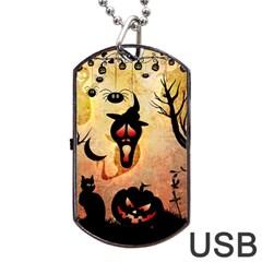 Funny Halloween Design, Pumpkin, Cat, Owl And Crow Dog Tag Usb Flash (two Sides) by FantasyWorld7