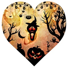 Funny Halloween Design, Pumpkin, Cat, Owl And Crow Wooden Puzzle Heart by FantasyWorld7