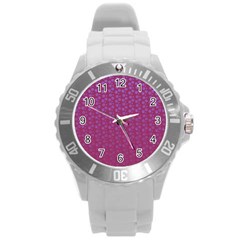 Background Polka Pattern Pink Round Plastic Sport Watch (l) by HermanTelo