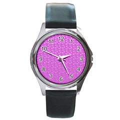 Background Polka Pink Round Metal Watch