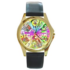 Music Abstract Sound Colorful Round Gold Metal Watch by Mariart