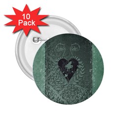 Elegant Heart With Piano And Clef On Damask Background 2 25  Buttons (10 Pack)  by FantasyWorld7