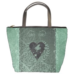 Elegant Heart With Piano And Clef On Damask Background Bucket Bag by FantasyWorld7